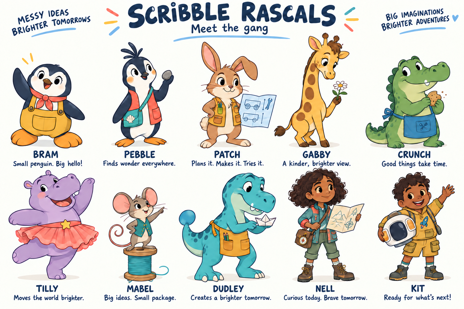 Meet the Scribble Rascals: Bram and Pebble the penguins, Patch the rabbit, Gabby the giraffe, Crunch the crocodile, Tilly the hippo, Mabel the mouse, Dudley the dinosaur, and explorers Nell and Kit.
