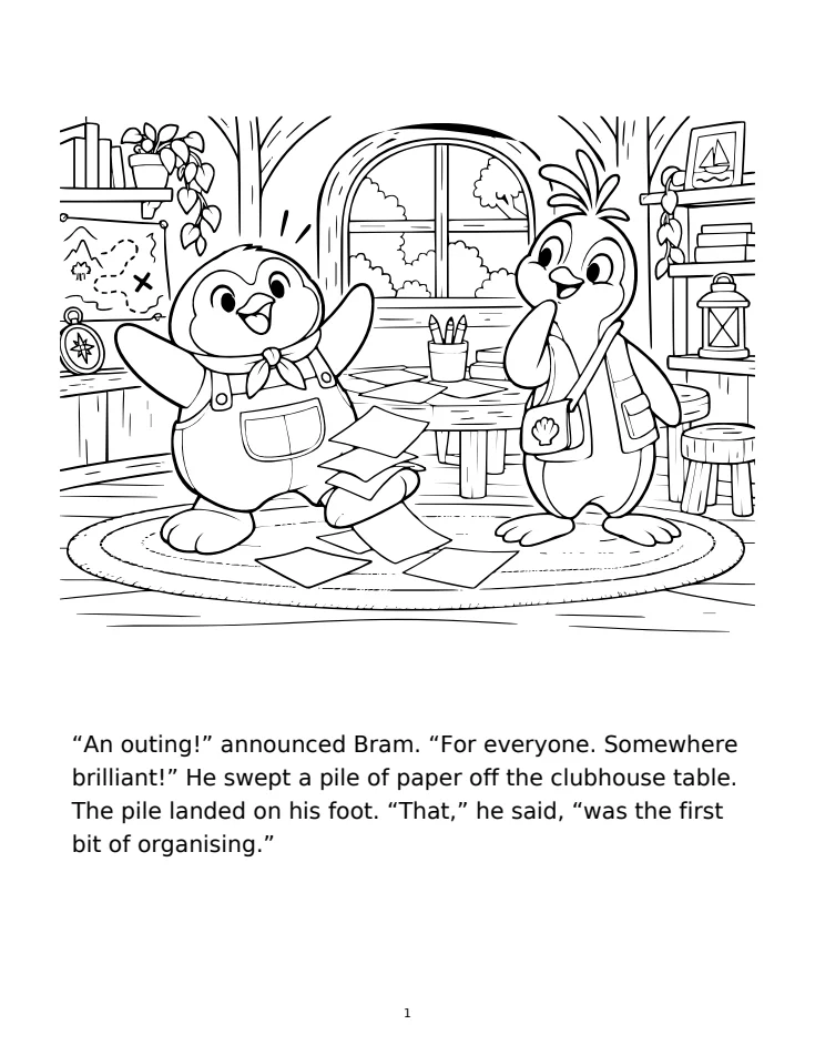 Unfilled first story scene: Bram announces an outing while Pebble watches the paper falling